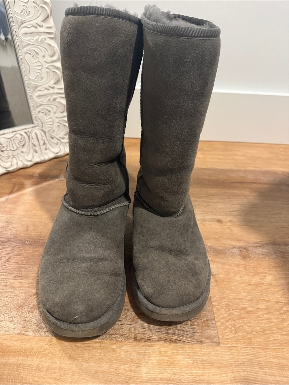 UGG Tall Grey Suede Shearling-Lined Boots